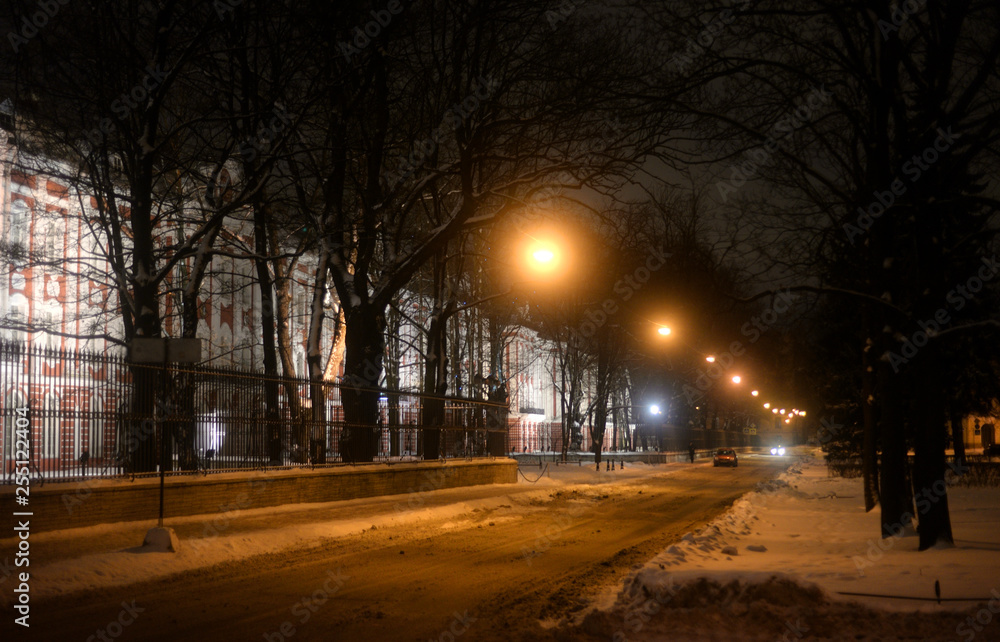 Street Mendeleevskaya line at night.