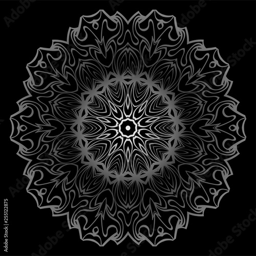 Round Ornament. Decorative Floral Pattern. Vector Illustration. For Interior Design, Printing, Wallpaper. Black silver color