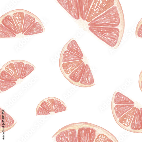 Grapefruit watercolor pattern. Hand drawn grapefruit slices, seamless watercolor background.