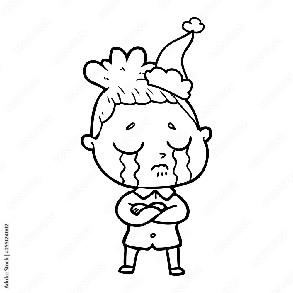 line drawing of a crying woman wearing santa hat line drawing of a crying woman wearing santa hat
