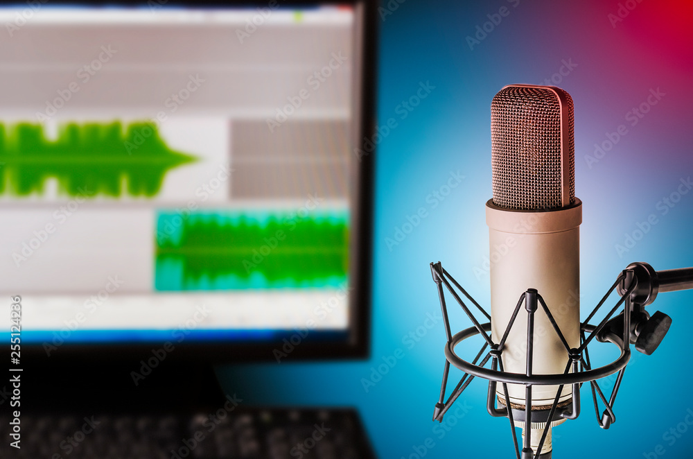 Professional microphone and sound waveform on screen Professional microphone and sound waveform on screen