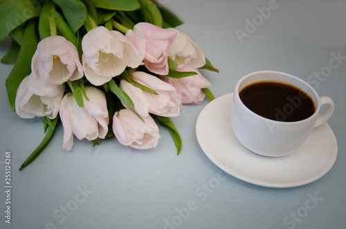 flowers tulips with white coffee Cup on blue background