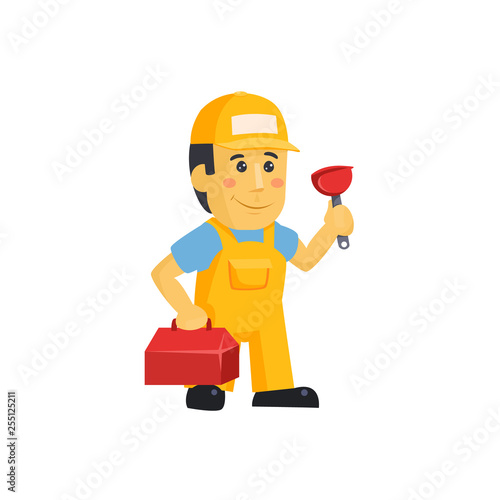 Friendly construction worker man with tools, vector 