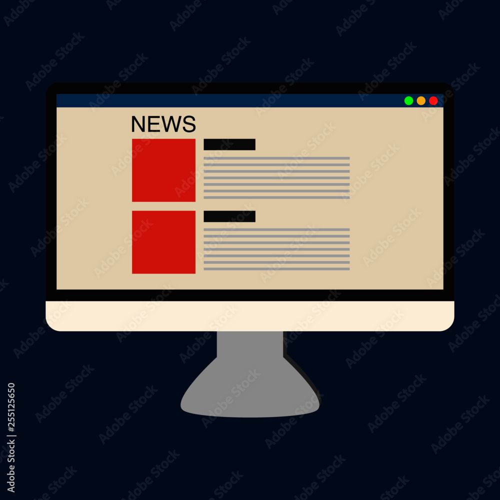 Computer screen showing news website. Flat design icon. Computer screen showing news website. Flat design icon.
