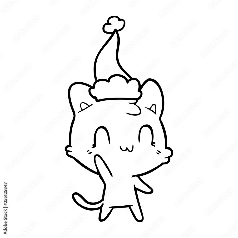 line drawing of a happy cat wearing santa hat line drawing of a happy cat wearing santa hat