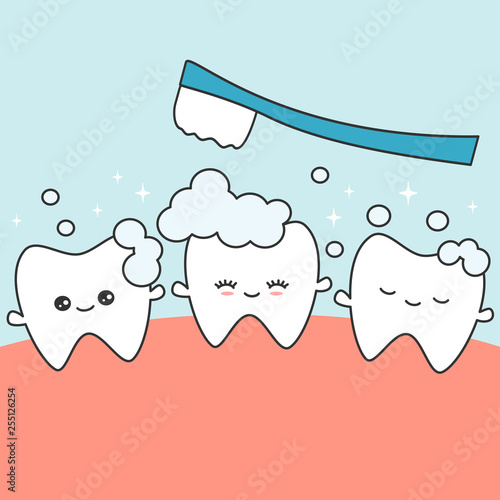 cute cartoon character happy teeth in the mouth cleaned with a toothbrush vector concept illustration