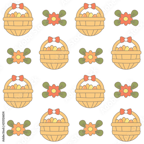 cute cartoon basket with easter eggs and flowers seamless vector pattern background illustration