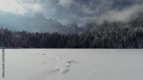 Aerial view of lake Fuzine in Italy. Lago di fuzine