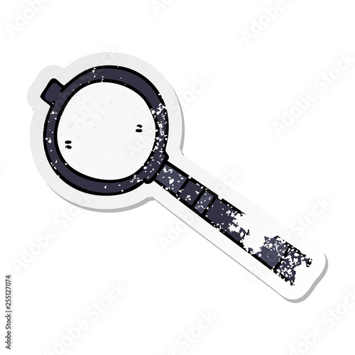 distressed sticker of a quirky hand drawn cartoon magnifying glass