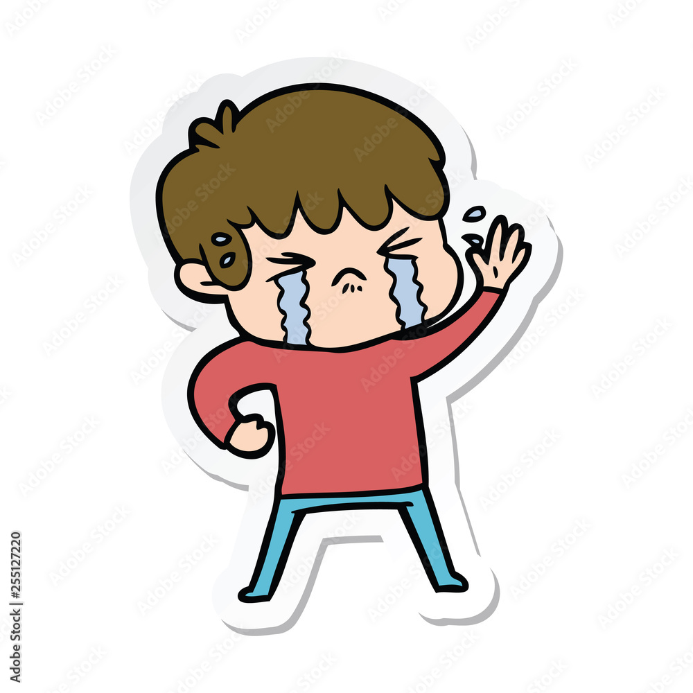 sticker of a cartoon boy crying