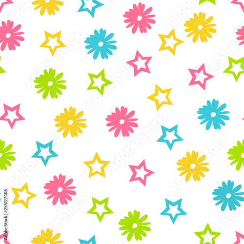 Vector floral seamless pattern in doodle style with flowers and stars