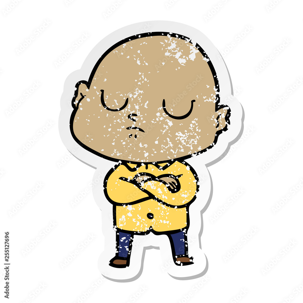 distressed sticker of a cartoon bald man