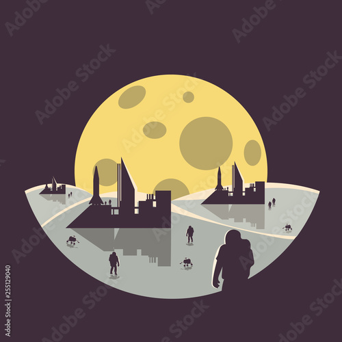 colonization futuristic landscape with colony base ,astronaut and moon.flat design
