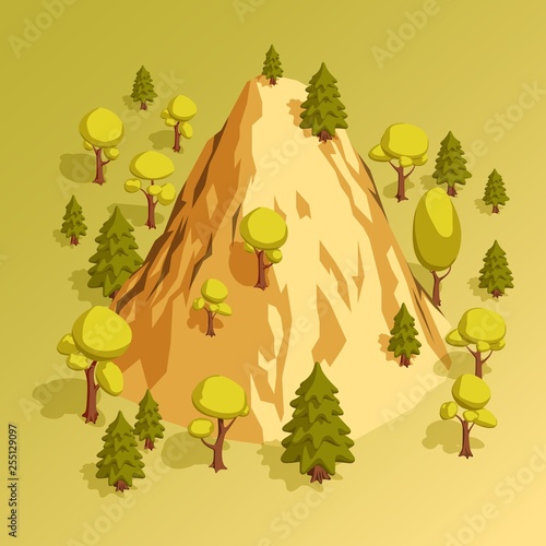 Isometric mountain hill surrounded by various trees in the forest. Vector illustration.
