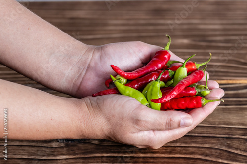Female hands holding peppers, green and red