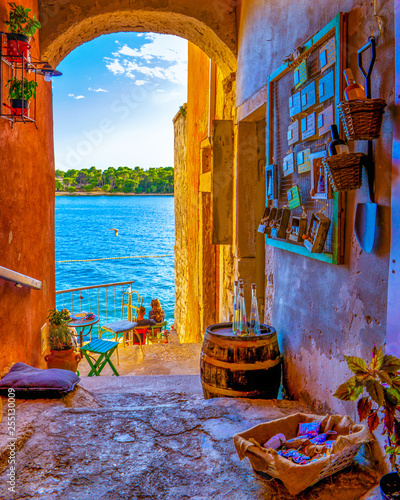 Fototapeta Naklejka Na Ścianę i Meble -  Rovinj colorful town Croatia, sunset Rovinj historical town with church and ocean