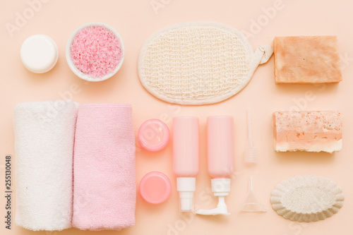 Spa treatment leisure. Health and beauty. Body pampering cosmetic set flat lay.