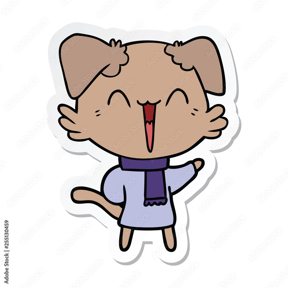 sticker of a happy little cartoon dog in winter clothes sticker of a happy little cartoon dog in winter clothes