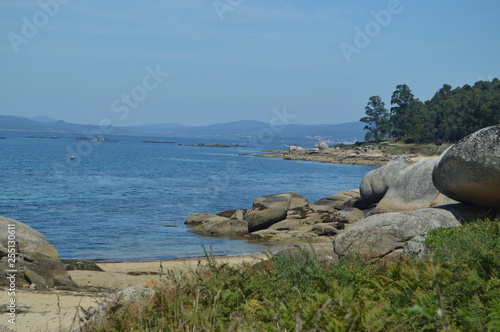 Estuary With Mussel Hatcheries In Its Interior In Arosa Island. Nature, Architecture, History, Travel. August 18, 2014. Isla De Arosa, Pontevedra, Galicia, Spain.