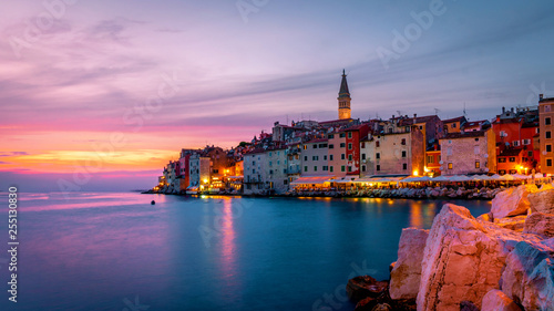 Photography Rovinj colorful town Croatia, sunset Rovinj historical town with church and ocea