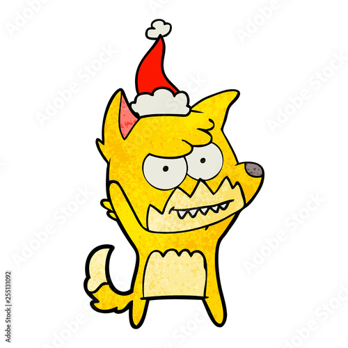 textured cartoon of a grinning fox wearing santa hat