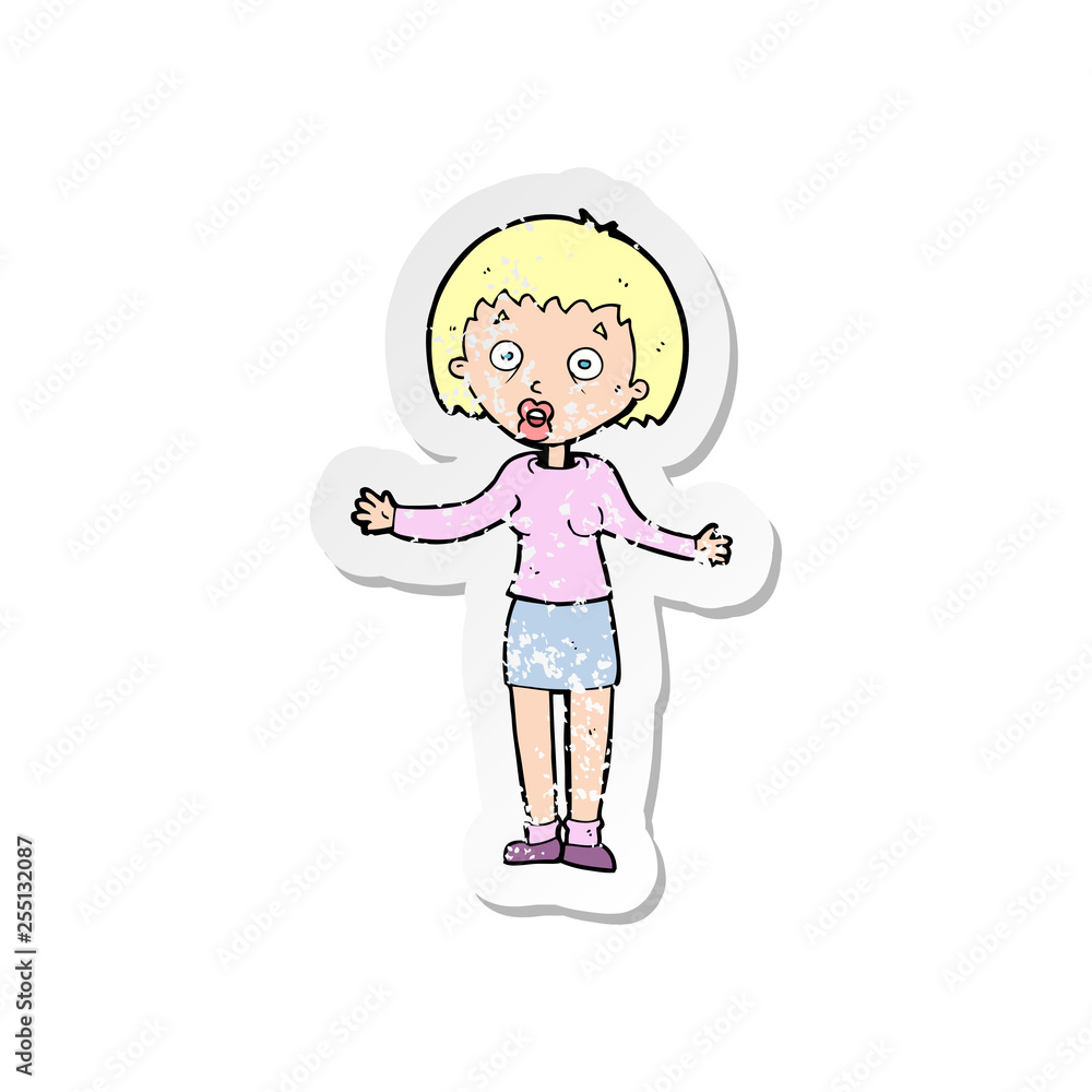 retro distressed sticker of a cartoon woman making excuses retro distressed sticker of a cartoon woman making excuses