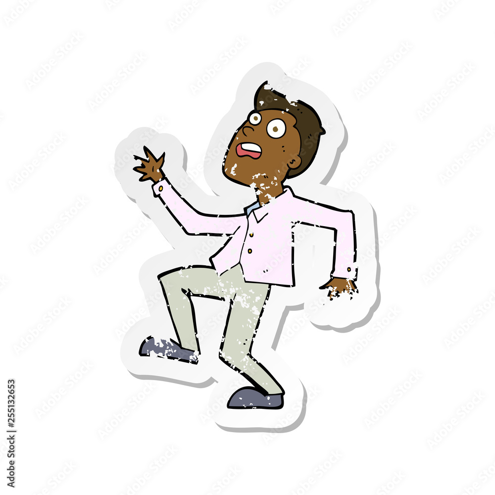 retro distressed sticker of a cartoon man panicking retro distressed sticker of a cartoon man panicking