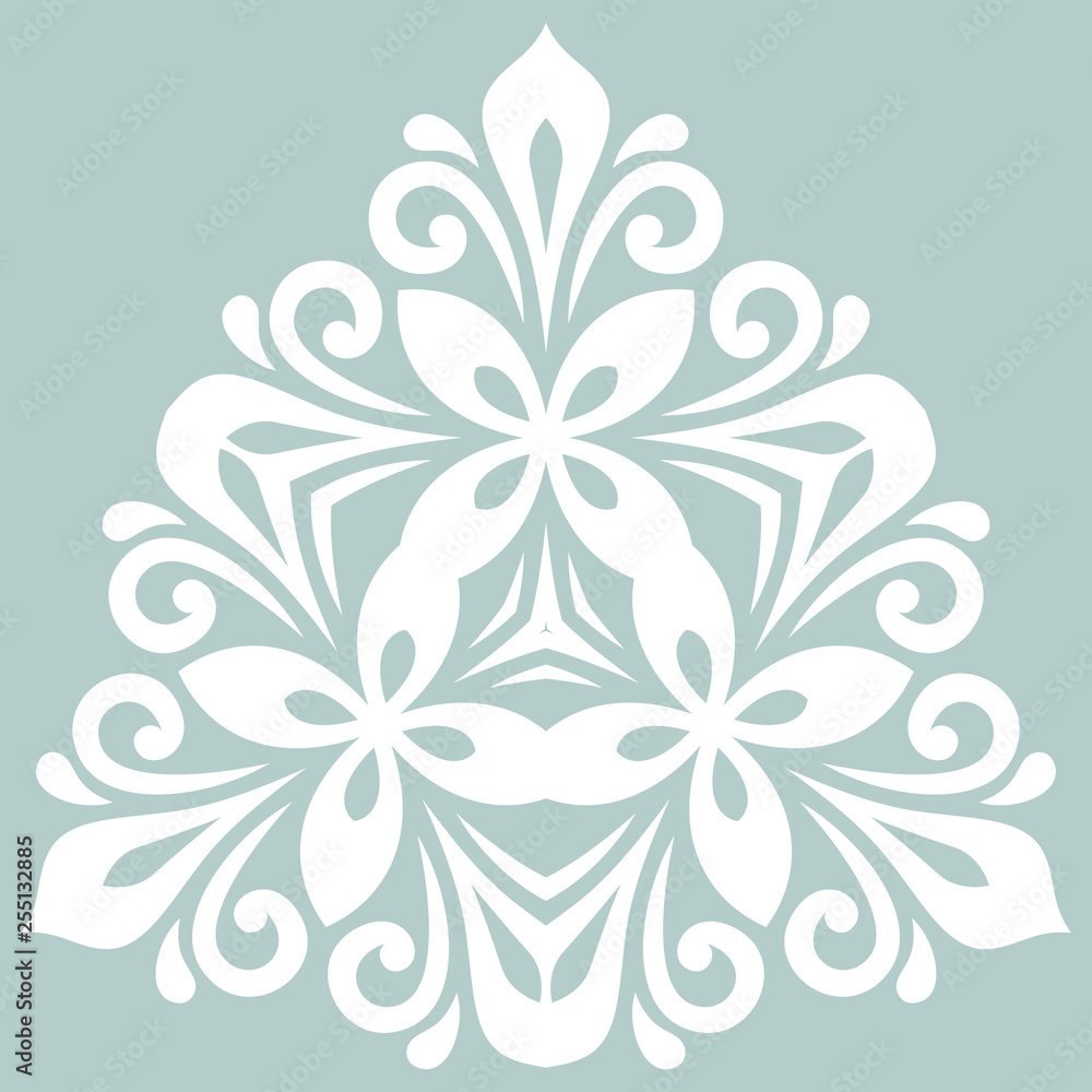 Oriental vector triangular white pattern with arabesques and floral elements. Traditional classic ornament. Vintage pattern with arabesques