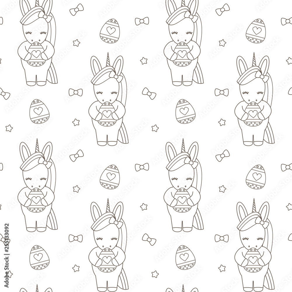 Fototapeta premium cute cartoon black and white easter unicorn with egg holiday seamless vector pattern background illustration 