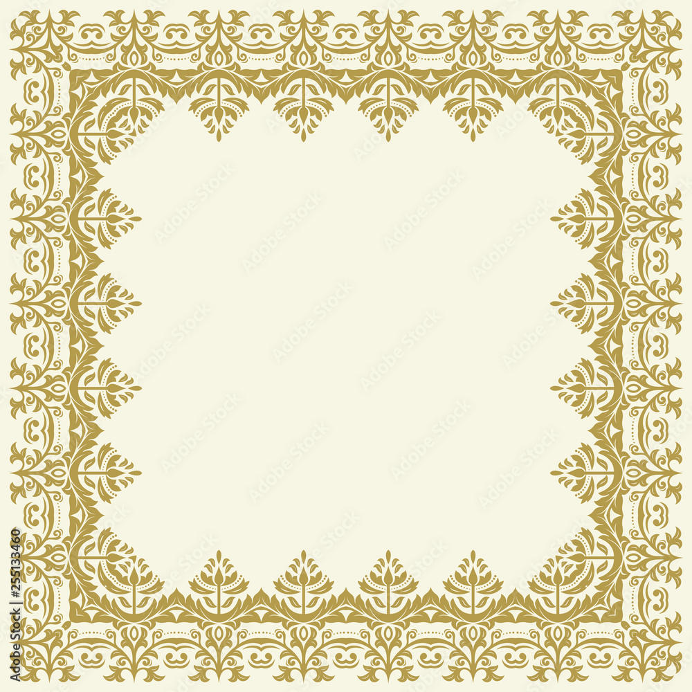 Classic vector square frame with arabesques and orient golden elements. Abstract ornament with place for text. Vintage pattern