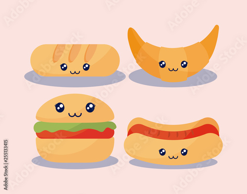 set of delicious hamburger and fast food kawaii character