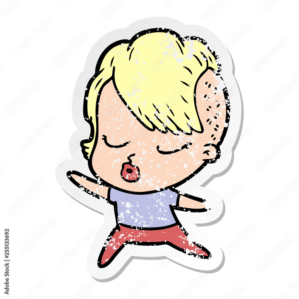 distressed sticker of a cartoon pretty hipster girl distressed sticker of a cartoon pretty hipster girl