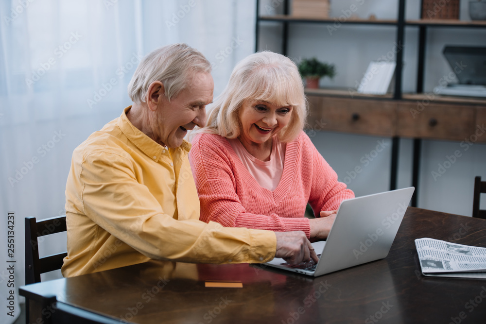 smiling senior couple using laptop while sitting at table at home