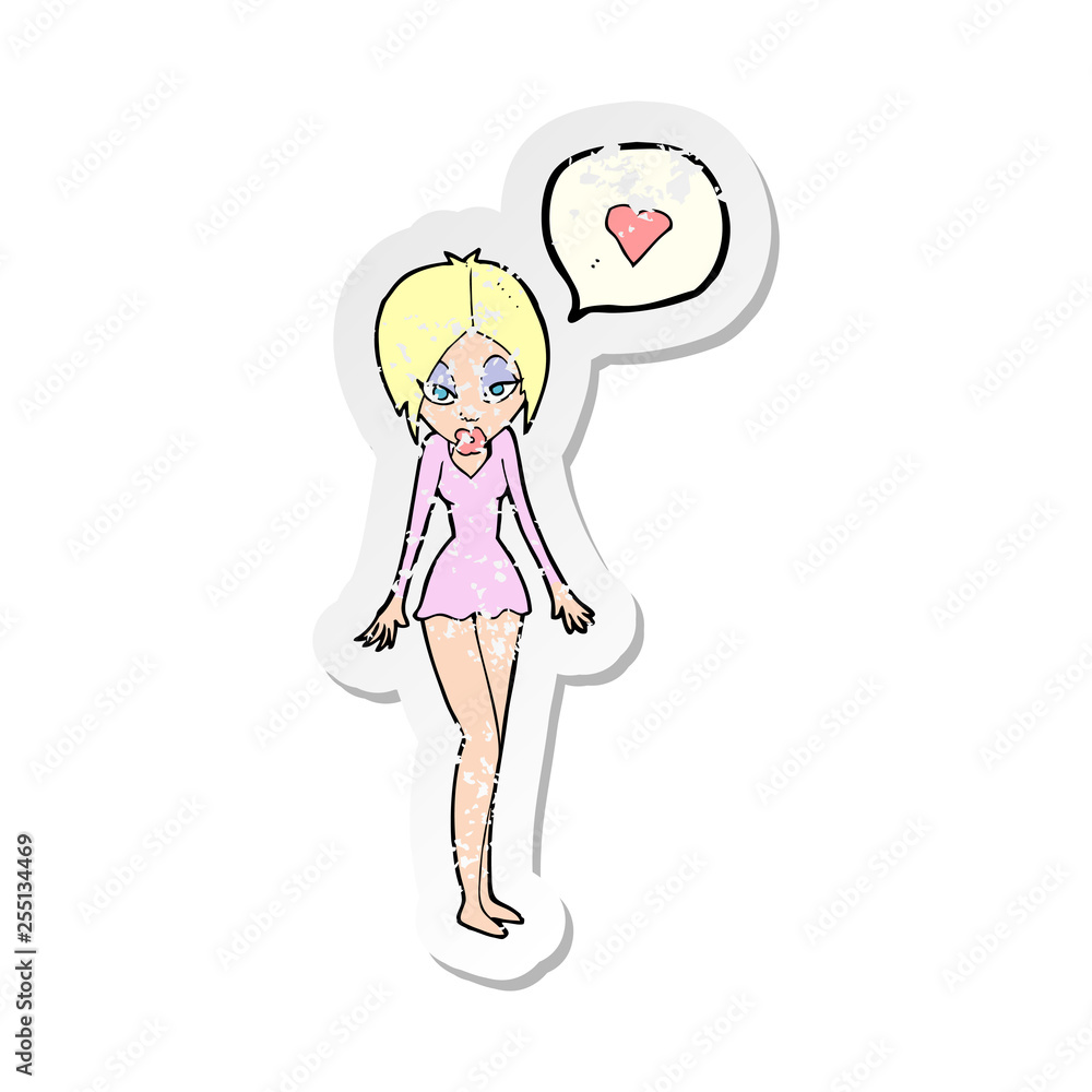 retro distressed sticker of a cartoon woman with love heart retro distressed sticker of a cartoon woman with love heart