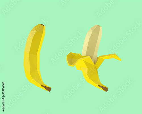Yellow Bananas. Set of Whole and Peeled Banana on Green Background. Low Poly Vector 3D Rendering