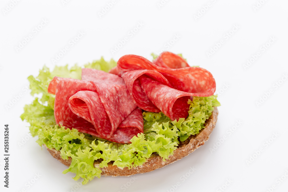 Sandwich with salami sausage on white background.