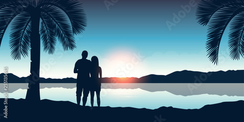 couple enjoy the sunset on a beautiful palm beach vector illustration EPS10