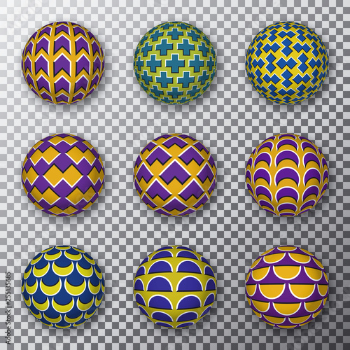 Motley rotating balls on a transparent background. Set of patterned spheres with visual motion illusion.