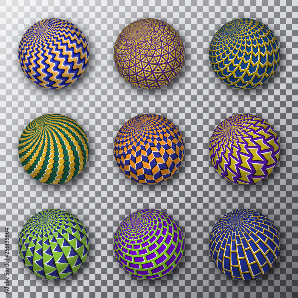 Motley rotating balls on a transparent background. Set of patterned spheres with optical illusion effect. Motley rotating balls on a transparent background. Set of patterned spheres with optical illusion effect.