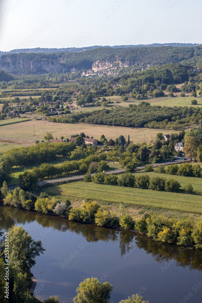 View of the River Dordogne and the Dordogne Valley from the walls of the old town of Domme, Dordogne, France
