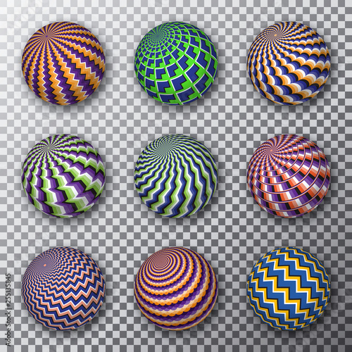 Motley rotating balls on a transparent background. Set of patterned spheres with optical illusion effect.