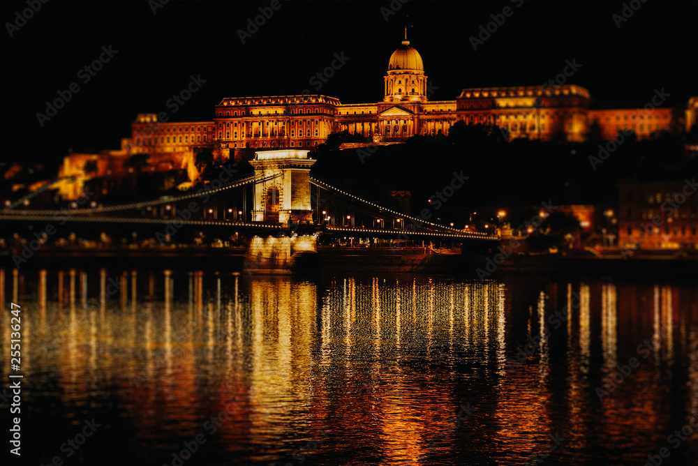 Night view of Budapest. famous tourist destination with Danube, parliament and bridge