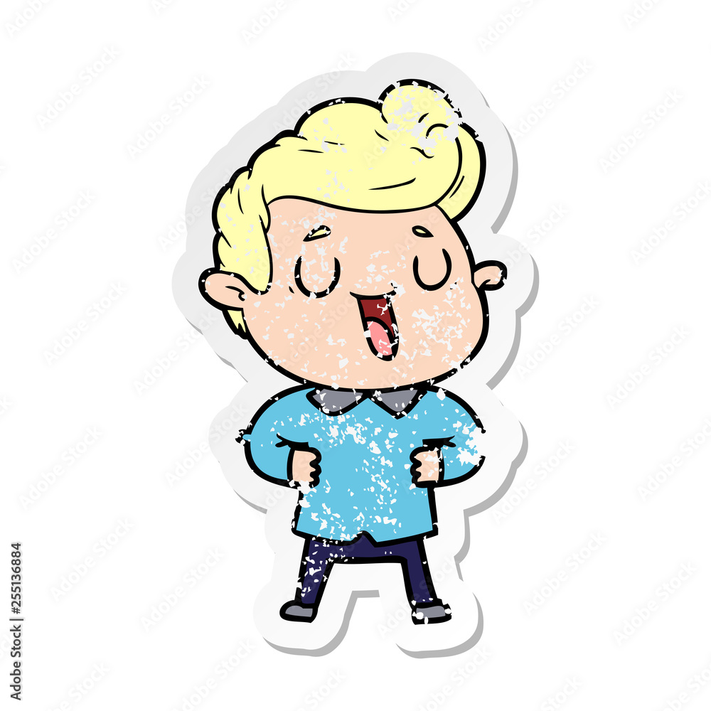 distressed sticker of a happy cartoon man distressed sticker of a happy cartoon man