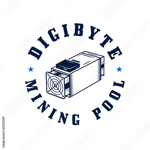 Digibyte logo. Digital asset concept - mining pool text. Crypto emblem with asic equipment. Blockchain technology sticker for printing. Stock vector tech illustration isolated on white background.