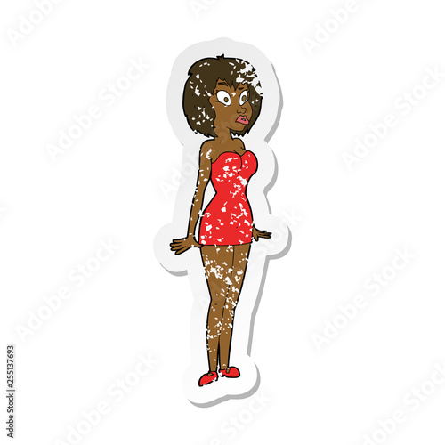 retro distressed sticker of a cartoon surprised woman in short dress