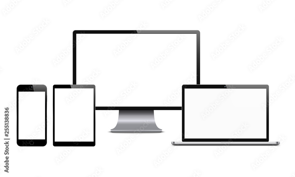 Smartphone, computer monitor, laptop and tablet. Set of digital tech devices with blank screens Smartphone, computer monitor, laptop and tablet. Set of digital tech devices with blank screens