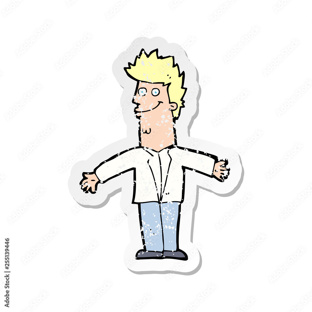 retro distressed sticker of a cartoon happy man with open arms retro distressed sticker of a cartoon happy man with open arms