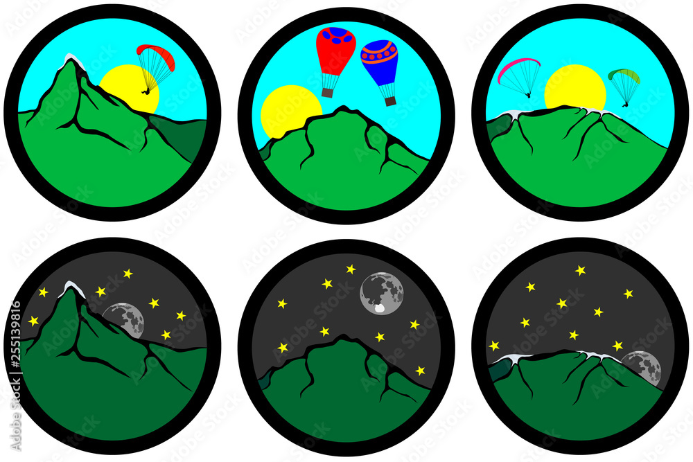 Set of three mountains day and night, aerostat, paraglider Set of three mountains day and night, aerostat, paraglider
