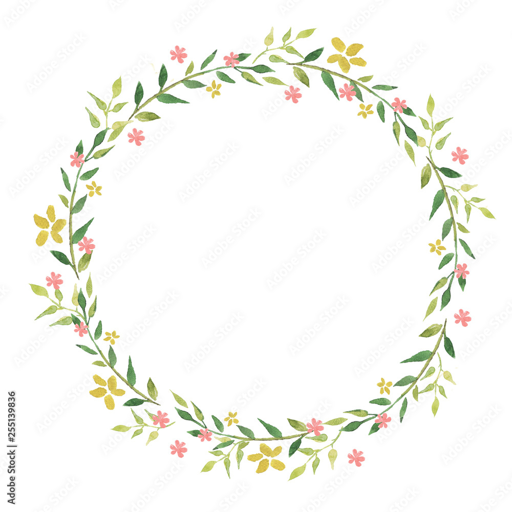 Delicate watercolor wreath of spring leaves and flowers. Hand drawn floral watercolor background.