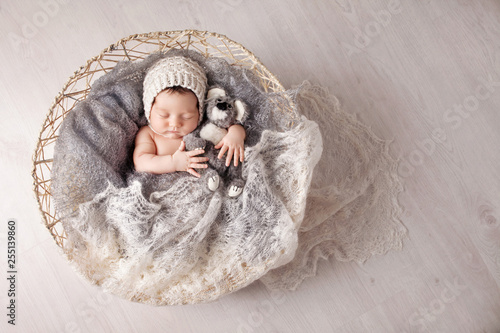 Sweet newborn baby sleeps in a basket. Beautiful newborn boy with bear toy. Copy space